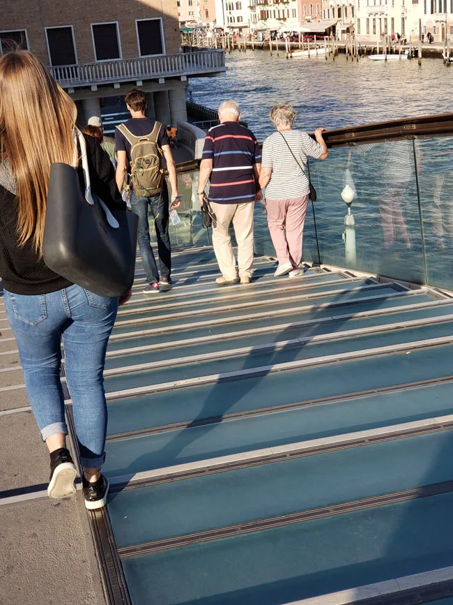 The glass steps about Venice's Constitution Bridge are somewhat disorienting